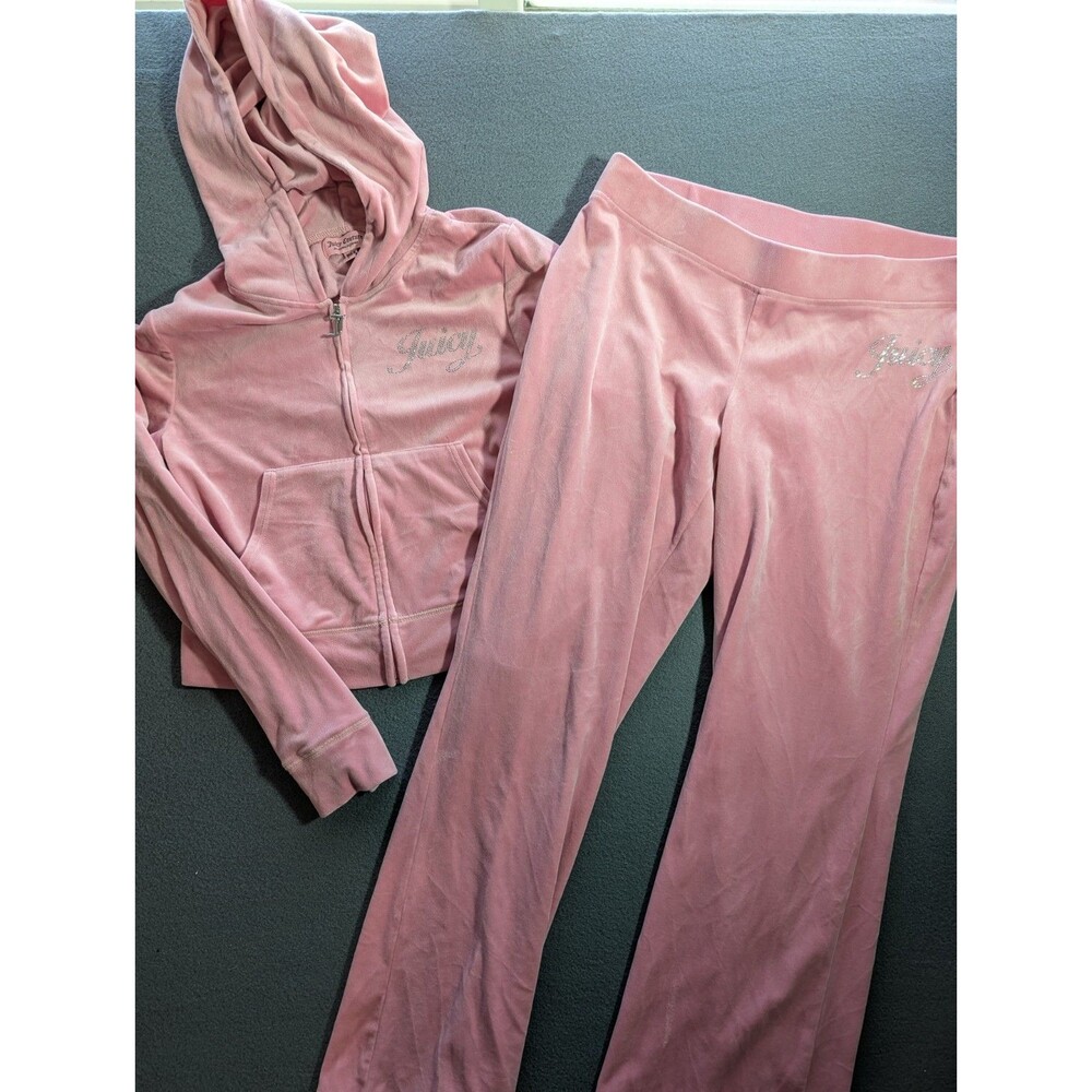 Juicy Couture Women’s L Pink Velour Tracksuit Set Rhinestone Hoodie Pants Y2K